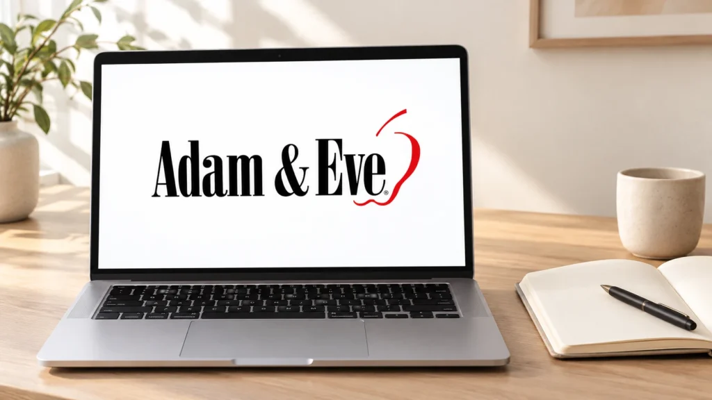 AI-generated editorial illustration of a laptop displaying the Adam and Eve logo beside a notebook on a home desk.
