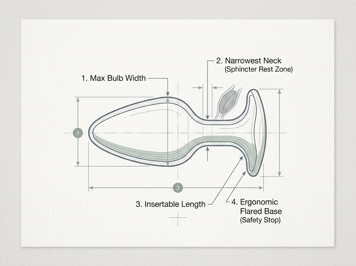 Anatomy diagram illustrating how to choose the best anal plug for beginners, showing bulb diameter, narrowest neck zone, and flared base safety