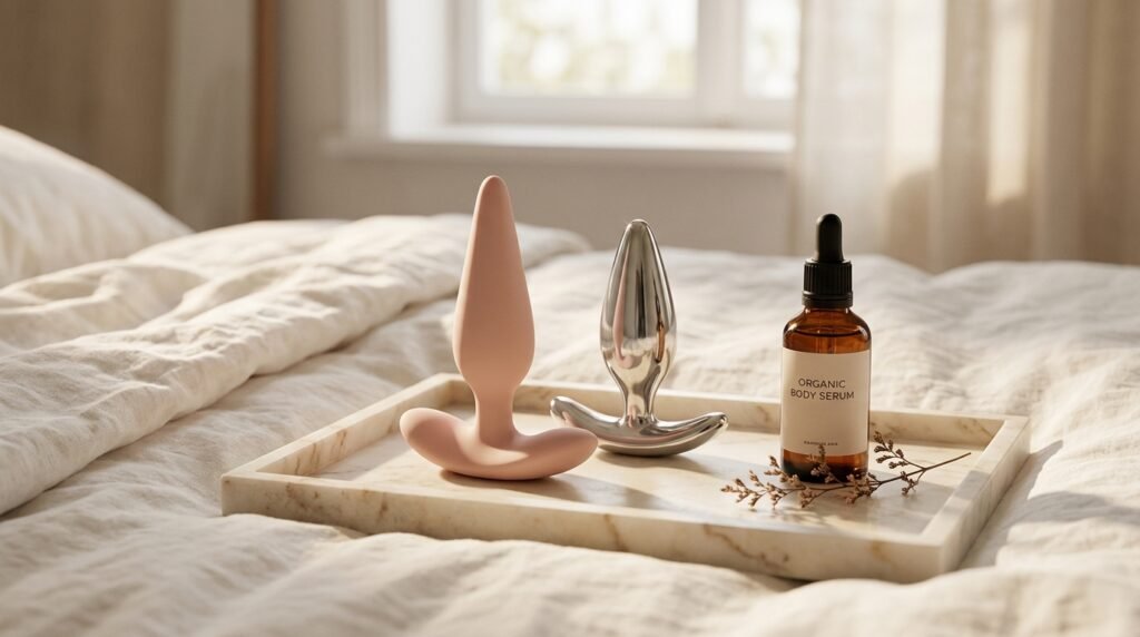 Minimalist luxury editorial still life featuring a blush pink silicone anal plug, mirror-polished stainless steel plug, and body oil bottle on a marble tray atop white linen bedding