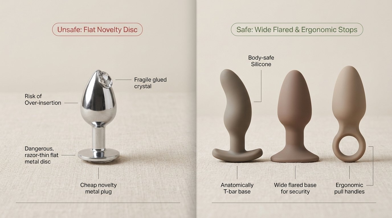 Product design safety comparison showing an unsafe flat novelty metal disc base on the left versus safe ergonomic T-bar, flared cross, and ring-handle bases on the right