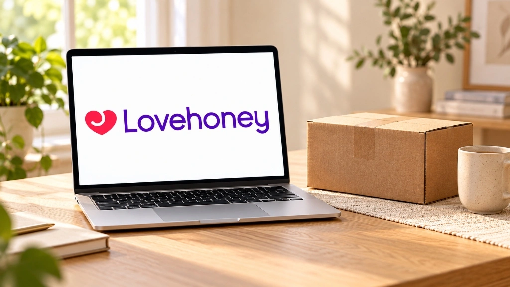 Editorial lifestyle photograph of an open laptop displaying the official Lovehoney logo beside a closed plain unbranded cardboard delivery box on a wooden desk.