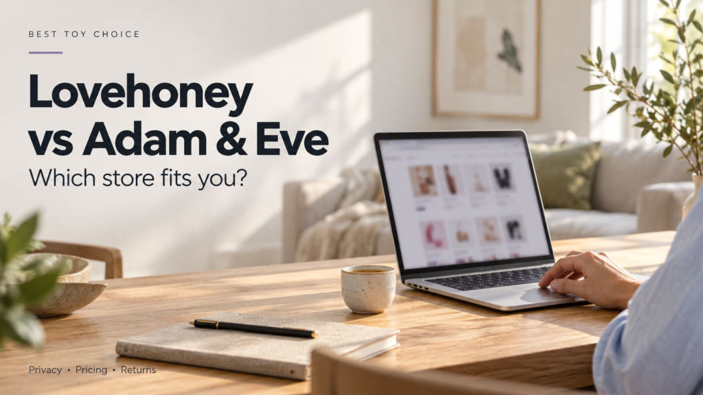 Lovehoney vs Adam & Eve comparison cover showing a sunlit home shopping scene with a laptop.
