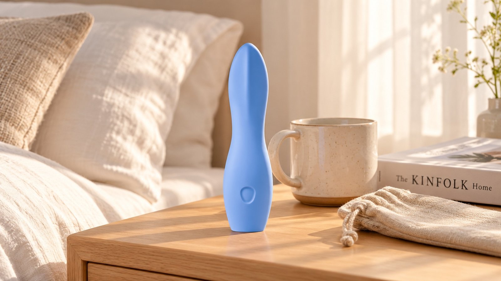 High-end Scandinavian lifestyle photograph of the periwinkle Dame Dip vibrator resting discreetly on a natural oak nightstand beside a ceramic cup and hardcover art book