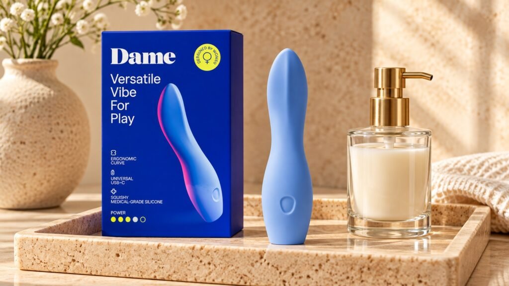 Commercial luxury editorial photograph of the authentic periwinkle Dame Dip vibrator standing beside its deep blue retail box and glass lotion bottle on a travertine stone tray
