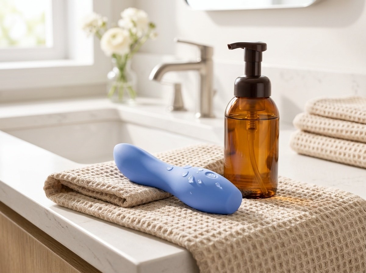 Editorial photograph of the periwinkle Dame Dip vibrator with fresh water droplets resting on a beige waffle bath towel beside a gentle cleanser bottle