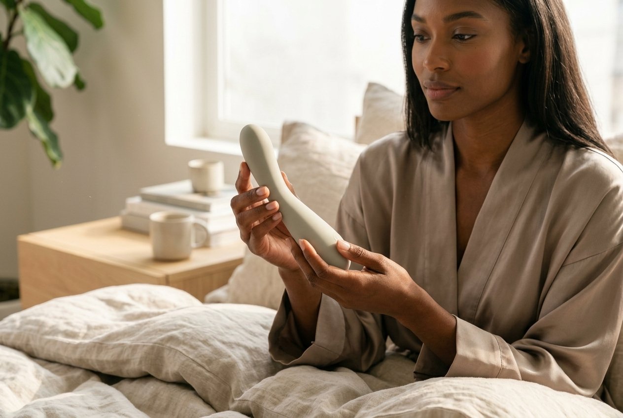 Editorial photograph of a woman holding the matte grey Maude Spot vibrator showing its gentle 35-degree ergonomic curve and soft-touch platinum silicone texture in natural morning light