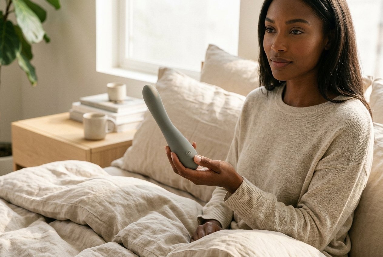 High-end lifestyle editorial photograph of an attractive woman relaxing on a sunlit linen bed comfortably holding the Maude Spot vibrator
