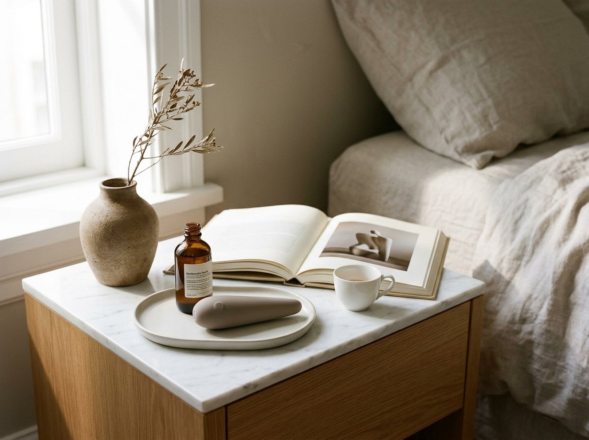 The minimalist Maude Vibe personal massager resting on a ceramic bedside tray beside an amber bottle, art book, and coffee cup on an oak nightstand