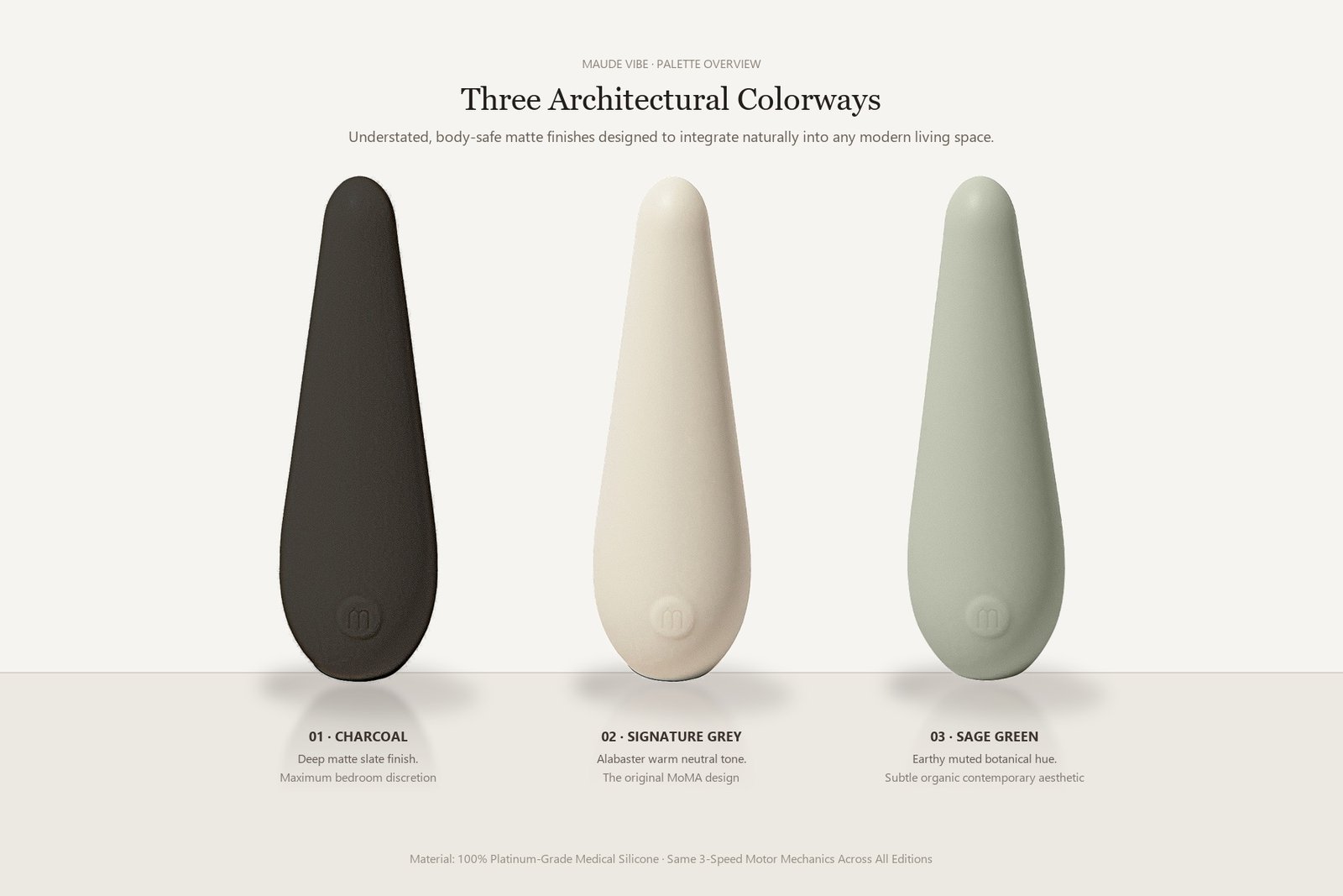 Architectural studio still life showcasing the three matte colorways of the Maude Vibe standing upright on stone with soft shadows: Charcoal slate, Signature Grey alabaster, and Sage Green botanical