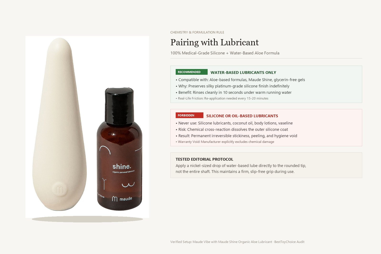 Authentic studio photograph of the Maude Vibe standing beside Maude Shine organic aloe lubricant with clean editorial rules highlighting water-based compatibility and warning against silicone oils