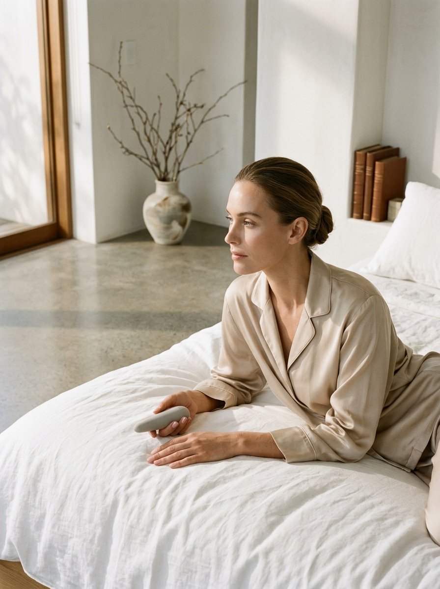High-fashion editorial photograph of an elegant woman relaxing on white linen bedding in an architectural bedroom, holding the minimalist Maude Vibe personal massager