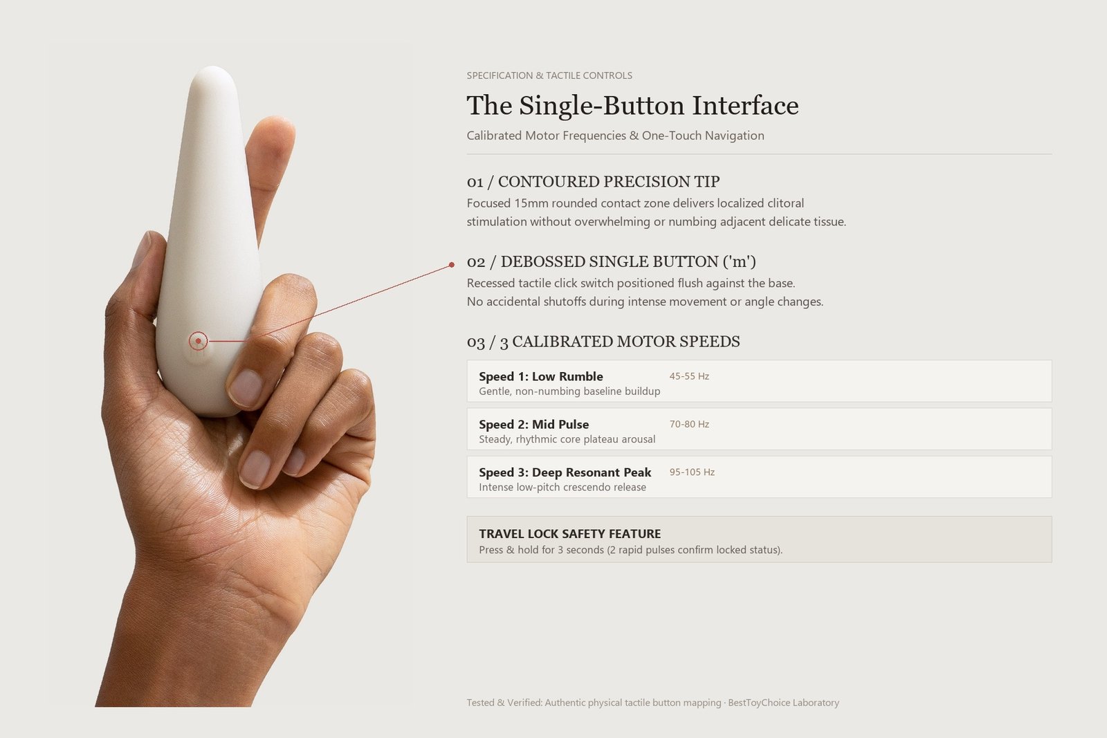 Editorial breakdown diagram showing a hand holding the Maude Vibe with tactile debossed 'm' button leader line, precision tapered tip, and 3 calibrated motor frequencies breakdown